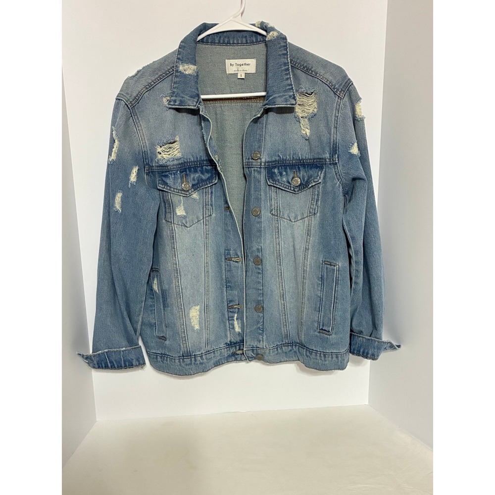 By Together Women's Small Light Wash Distressed Denim Jacket Boyfriend Trucker